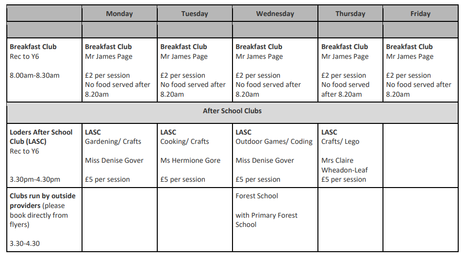 Autumn 1 Club Timetable